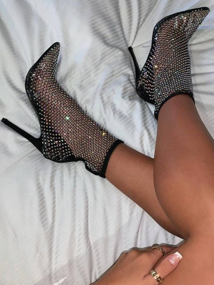 Rhinestone Fishnet Heels Boots - Bold Muse Co