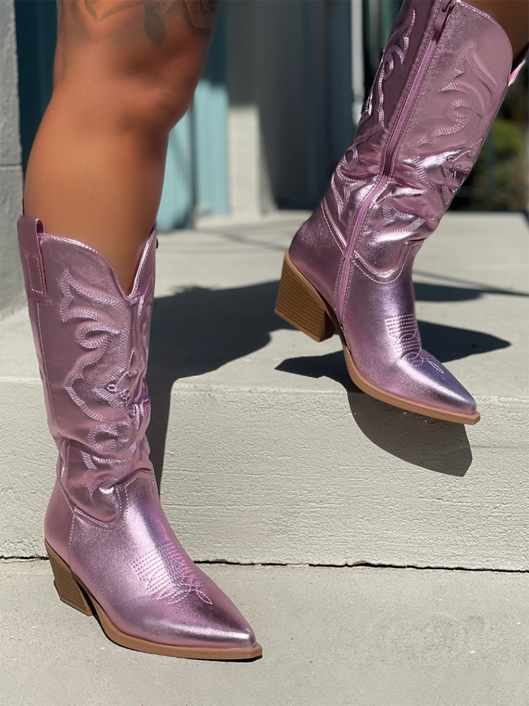 Metallic PU Leather Cowboy Boots - Bold Muse Co