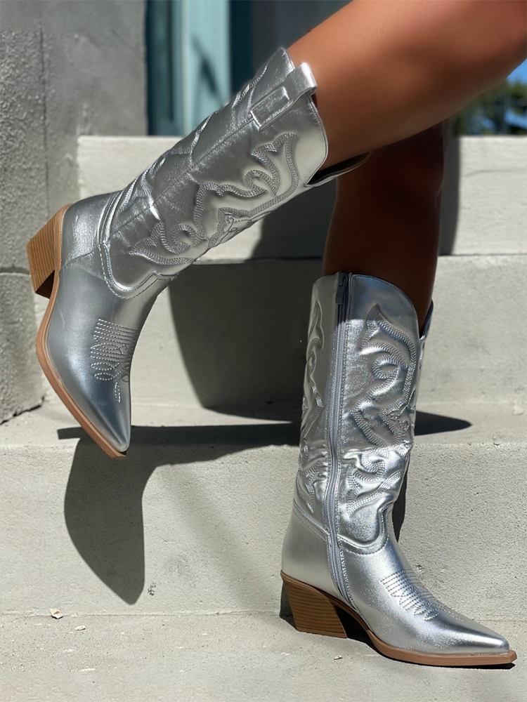 Metallic PU Leather Cowboy Boots - Bold Muse Co