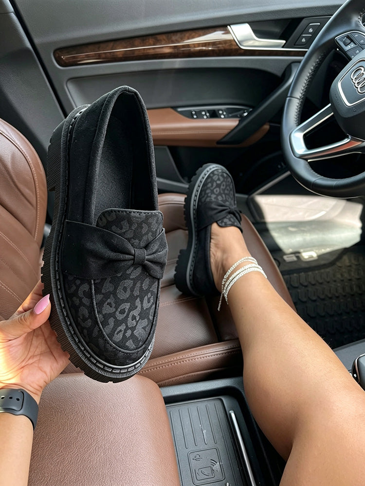 Leopard Suede Bow Loafers